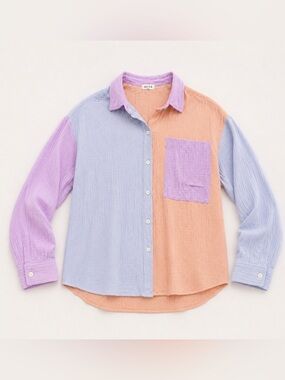 ACOA Womens Colorblock Button-Down Shirt in Peach, Lavender & Light Blue